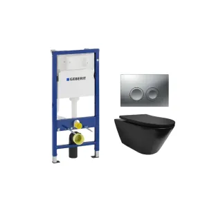 Geberit UP100 Toilet set - Stereo wall-mounted toilet rimless with shade toilet seat matt black - Geberit Delta 25 matt chrome