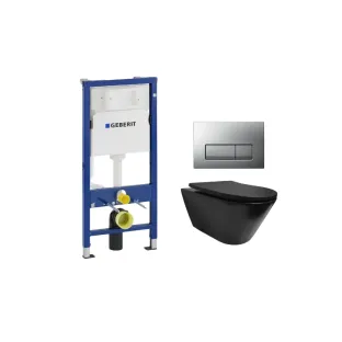 Geberit UP100 Toilet set - Stereo wall-mounted toilet rimless with shade toilet seat matt black - Geberit Delta 50 matt chrome