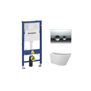 Geberit UP100 Toilet set - Vesta tornado flush wall-mounted toilet rimless with flatline toilet seat softclose and quick release gloss white - Geberit Delta 25 chrome