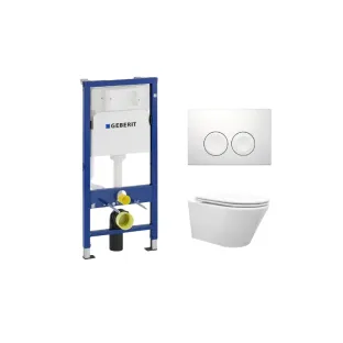 Geberit UP100 Toilet set - Vesta tornado flush wall-mounted toilet rimless with flatline toilet seat soft close and quick release gloss white - Geberit Delta 25 white