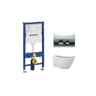 Geberit UP100 Toilet set - Vesta tornado flush wall-mounted toilet rimless with flatline toilet seat softclose and quick release gloss white - Geberit Delta 35 chrome