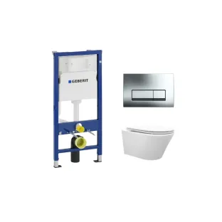 Geberit UP100 Toilet set - Vesta tornado flush wall-mounted toilet rimless with flatline toilet seat softclose and quick release gloss white - Geberit Delta 50 chrome