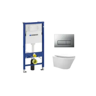 Geberit UP100 Toilet set - Vesta tornado flush wall-mounted toilet rimless with flatline toilet seat soft close and quick release gloss white - Geberit Delta 50 matt chrome