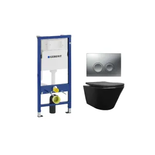 Geberit UP100 Toilet set - Vesta wall-mounted toilet rimless with shade toilet seat softclose and quick release matt black - Geberit Delta 25 matt chrome