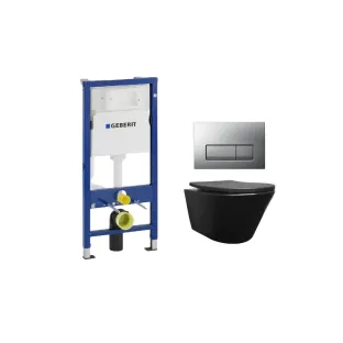 Geberit UP100 Toilet set - Vesta wall-mounted toilet rimless with shade toilet seat softclose and quick release matt black - Geberit Delta 50 matt chrome