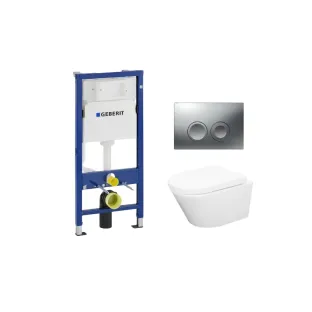 Geberit UP100 Toilet set - Vesta wall-mounted toilet rimless with toilet seat soft close and quick release gloss white - Geberit Delta 25 matt chrome