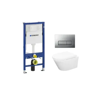 Geberit UP100 Toilet set - Vesta wall-mounted toilet rimless with toilet seat soft close and quick release gloss white - Geberit Delta 50 matt chrome