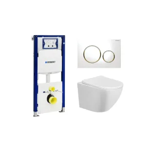 Geberit UP320 Toilet set - Nibiru wall-mounted toilet rimless with toilet seat softclose and quick release gloss white - Sigma 20 control plate white/gold