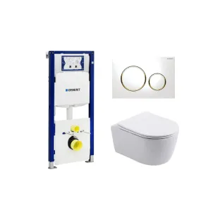 Geberit UP320 Toilet set - Noah wall-mounted toilet rimless with toilet seat softclose gloss white - Sigma 20 control plate white/gold