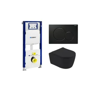 Geberit UP320 Toilet set - Noah wall-mounted toilet rimless with toilet seat softclose matt black - Sigma 01 control plate jet black