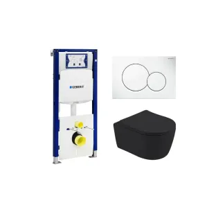 Geberit UP320 Toilet set - Noah wall-mounted toilet rimless with toilet seat softclose matt black - Sigma 01 control plate gloss white