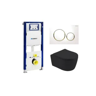 Geberit UP320 Toilet set - Noah wall-mounted toilet rimless with toilet seat softclose matt black - Sigma 20 control plate white/gold