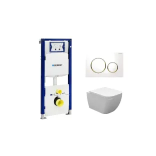 Geberit UP320 Toilet set - Sky wall-mounted toilet shortened with toilet seat softclose and quick release gloss white - Sigma 20 control plate white/gold