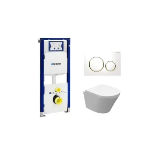 Geberit UP320 Toilet set - Vesta junior wall-mounted toilet rimless shortened with toilet seat softclose and quick release gloss white - Sigma 20 control plate white/gold