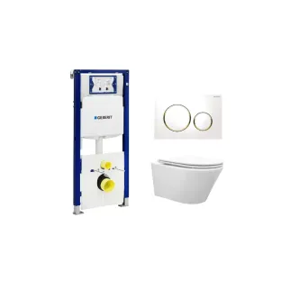 Geberit UP320 Toilet set - Vesta tornado flush wall-mounted toilet rimless with flatline toilet seat softclose and quick release gloss white - Sigma 20 control plate white/gold