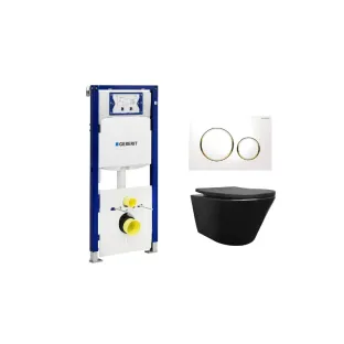 Geberit UP320 Toilet set - Vesta wall-mounted toilet rimless with shade toilet seat softclose and quick release matt black - Sigma 20 control plate white/gold