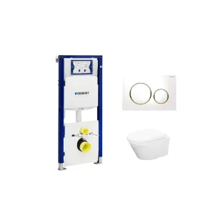 Geberit UP320 Toilet set - Vesta wall-mounted toilet rimless with toilet seat softclose and quick release gloss white - Sigma 20 control plate white/gold