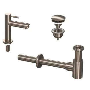 INK Fountain tap set 1A - Fountain tap standing low - always open plug - design siphon - brushed nickel