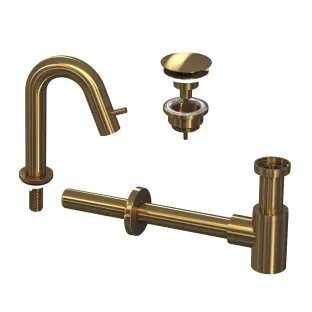 INK Fountain tap set 4A - Fountain tap standing low curved - always open plug - design siphon - brushed matt gold