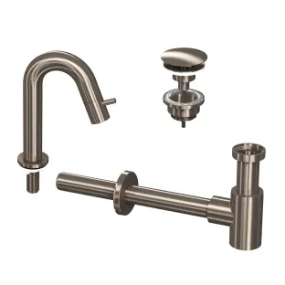 INK Fountain tap set 4A - Fountain tap standing low curved - always open plug - design siphon - brushed nickel