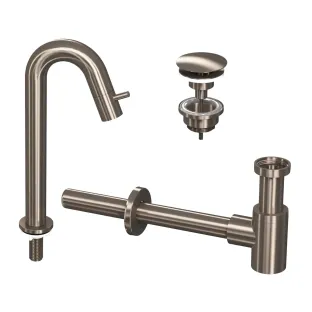 INK Fountain tap set 5A - Fountain tap standing high curved - always open plug - design siphon - brushed nickel