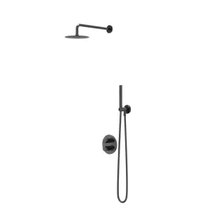 IVY Bond rain shower set 2 built-in with 2-way stop diverter - 40cm wall arm - 25cm slim overhead shower - holder with outlet - 3-position hand shower - black chrome PVD