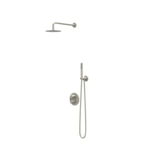 IVY Pact rain shower set 2 built-in with 2-way stop-diverter - 40cm wall arm - 25cm slim overhead shower - holder with outlet - 3-position hand shower - brushed nickel PVD