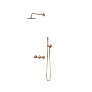 IVY Pact rain shower set 4 built-in symmetry with 2 stop valves - 40cm wall arm - 20cm slim head shower - holder with outlet - rod model hand shower - brushed matt copper PVD