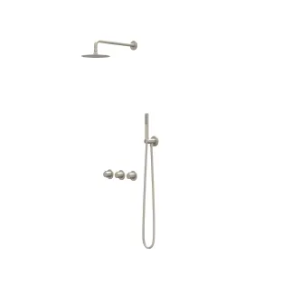 IVY Pact regendoucheset 4 inbouw symmetry met 2 stopkranen - 40cm wandarm - 20cm slim hoofddouche - houder met uitlaat  - satin spray handdouche - geborsteld nickel PVD