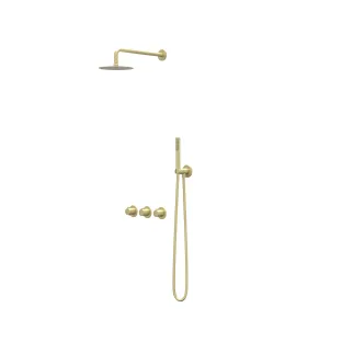 IVY Pact rain shower set 4 built-in symmetry with 2 stop valves - 15cm ceiling tube - 20cm slim head shower - holder with outlet - rod model hand shower - brushed matt gold PVD