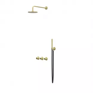 IVY Concord rain shower set 4 built-in symmetry with 2 stop valves 25cm main shower - 20cm ceiling tube - rod model hand shower - RVS316 brushed matt gold PVD - with sliding bar