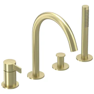 IVY - Pact - Bath rim combination 4-hole mixer with swivel spout pull-out hand shower - Brushed matt gold PVD