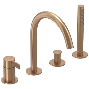 IVY - Pact - Bath rim combination 4-hole mixer with swivel spout pull-out hand shower - Brushed matt copper PVD