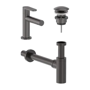 MAY Forma Combiset - Fountain tap Model S - Design plug always open - Design siphon - Brushed carbon black PVD