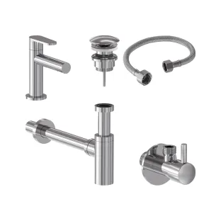 MAY Forma Combiset - Fountain tap Model S - Design plug always open - Design siphon - Angle stopcock with connection hose - Chrome