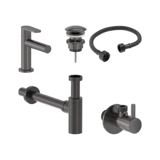 MAY Forma Combiset - Fountain tap Model S - Design plug always open - Design siphon - Angle stopcock with connection hose - Brushed carbon black PVD