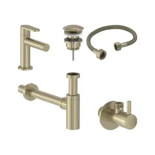 MAY Forma Combiset - Fountain tap Model S - Design plug always open - Design siphon - Angle stopcock with connection hose - Brushed matt gold PVD