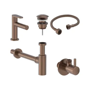 MAY Forma Combiset - Fountain tap Model S - Design plug always open - Design siphon - Angle stopcock with connection hose - Brushed matt copper PVD