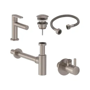 MAY Forma Combiset - Fountain tap Model S - Design plug always open - Design siphon - Angle stopcock with connection hose - Brushed nickel PVD