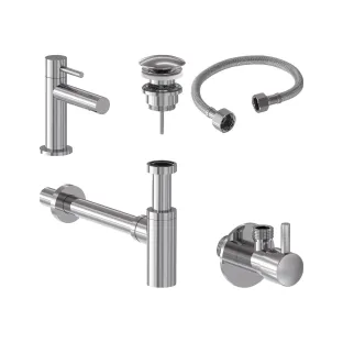 MAY Stilo Combiset - Fountain tap Model S - Design plug always open - Design siphon - Angle stopcock with connection hose - Chrome