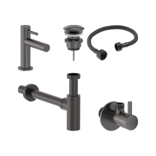 MAY Stilo Combiset - Fountain tap Model S - Design plug always open - Design siphon - Angle stopcock with connection hose - Brushed carbon black PVD