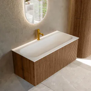 MONDIAZ Kurve 100cm bathroom furniture - colour Walnut - 1 drawer - BIG MEDIUM washbasin - washbasin in the middle - 1 tap hole - colour Talc
