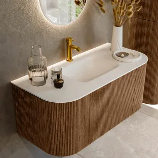 MONDIAZ Kurve 100cm bathroom furniture - color Walnut - 1 drawer - GRUNNE washbasin - washbasin Left and Right - 1 tap hole - color Talc