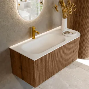 MONDIAZ Kurve 105cm bathroom furniture - colour Walnut - 1 drawer - BIG SMALL washbasin - washbasin in the middle - 1 tap hole - colour Talc
