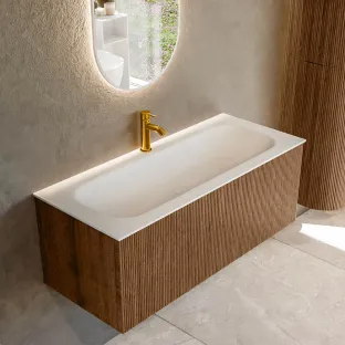 MONDIAZ Kurve 110cm bathroom furniture - colour Walnut - 1 drawer - BIG MEDIUM washbasin - washbasin in the middle - 1 tap hole - colour Talc