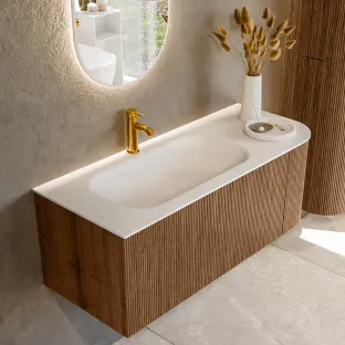 MONDIAZ Kurve 115cm bathroom furniture - colour Walnut - 1 drawer - BIG SMALL washbasin - washbasin in the middle - 1 tap hole - colour Talc