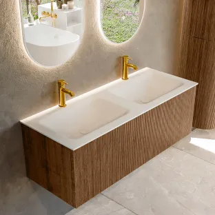 MONDIAZ Kurve 120cm bathroom furniture - colour Walnut - 1 drawer - CLOUD washbasin - centre washbasin - 2 tap holes - colour Talc