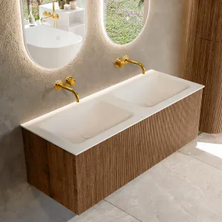 MONDIAZ Kurve 120cm bathroom furniture - colour Walnut - 1 drawer - CLOUD washbasin - washbasin in the middle - without tap hole - colour Talc