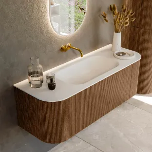 MONDIAZ Kurve 130cm bathroom furniture - colour Walnut - 1 drawer - BIG SMALL washbasin - washbasin Left and Right - without tap hole - colour Talc