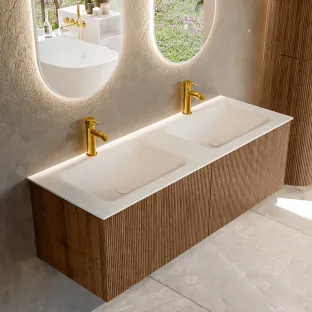 MONDIAZ Kurve 130cm bathroom furniture - colour Walnut - 1 drawer - CLOUD washbasin - washbasin in the middle - 2 tap holes - colour Talc